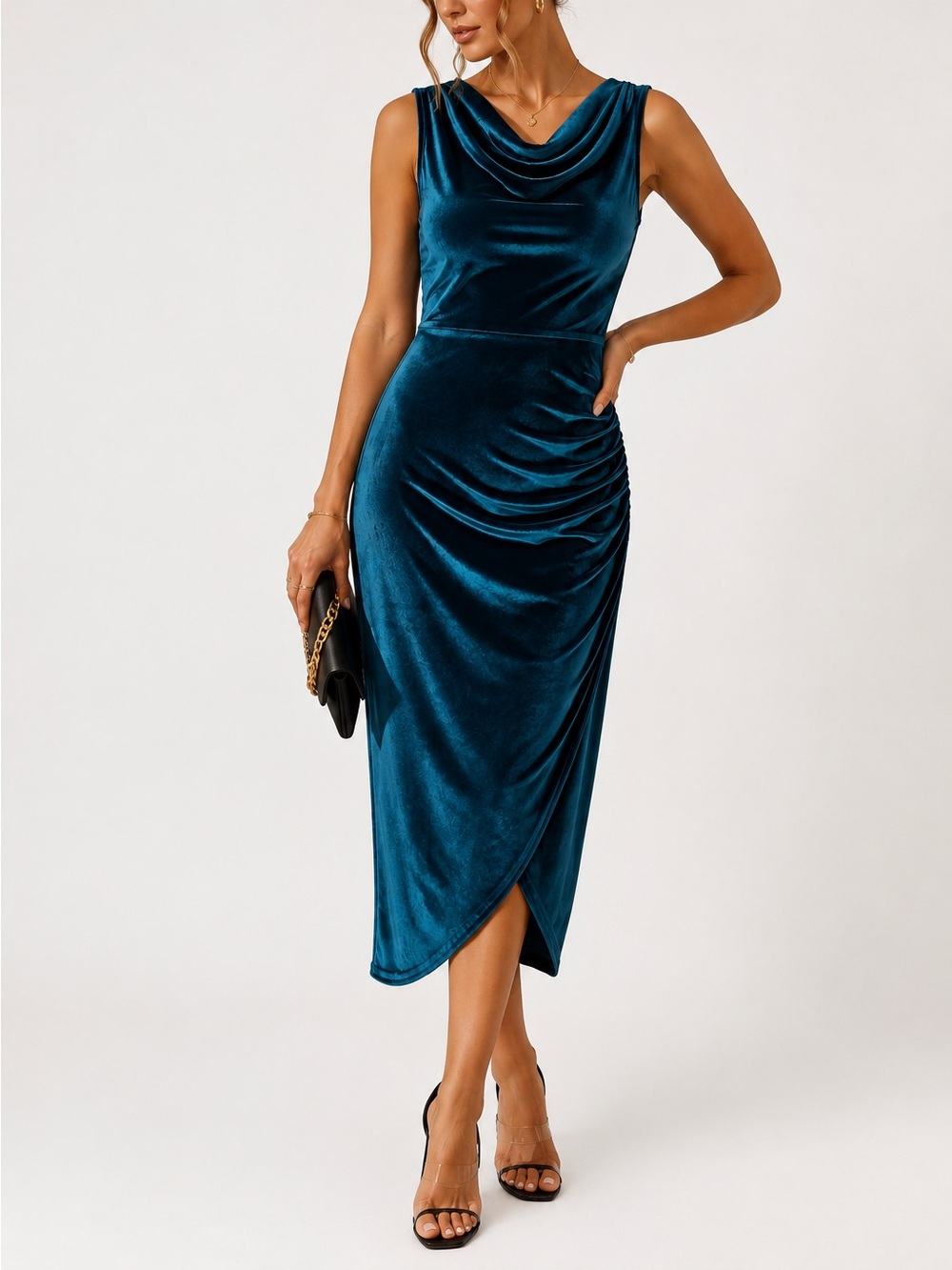 Zaful Teal Velvet Cowl Neck Ruched Bodycon Midi Cocktail Dress NWT